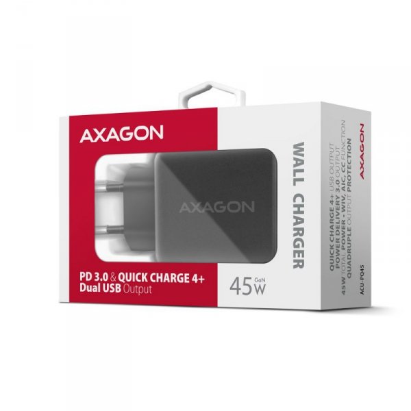 AXAGON ACU-PQ45 Ładowarka sieciowa 2-port  QC3.0,4.0/AFC/FCP/PPS/Apple  + PD type-C, 45W, Czarna