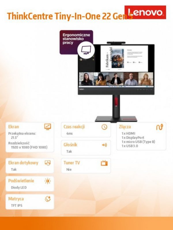 Lenovo Monitor 21.5 cala ThinkCentre Tiny-in-One Touch Gen 5 12N9GAT1EU