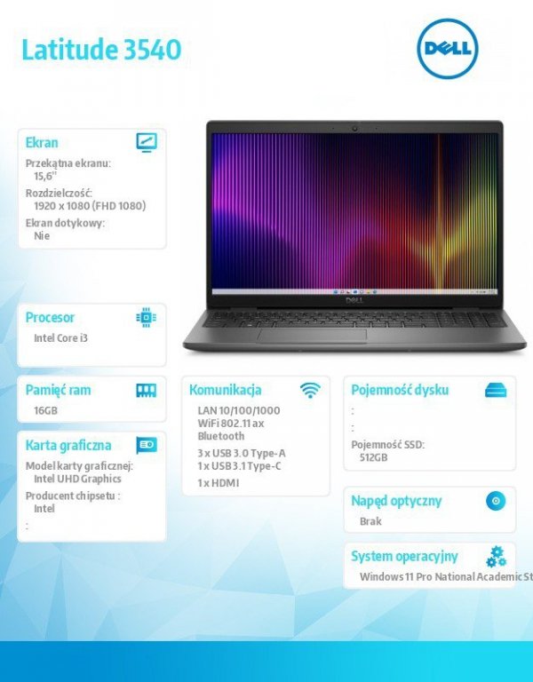Dell Notebook Latitude 3540 Win11Pro EDU i3-1315U/16GB/512GB SSD/Intel UHD/FgrPr/FHD Cam/Mic/WLAN+BT/Backlit Kb/3 Cell/5YB