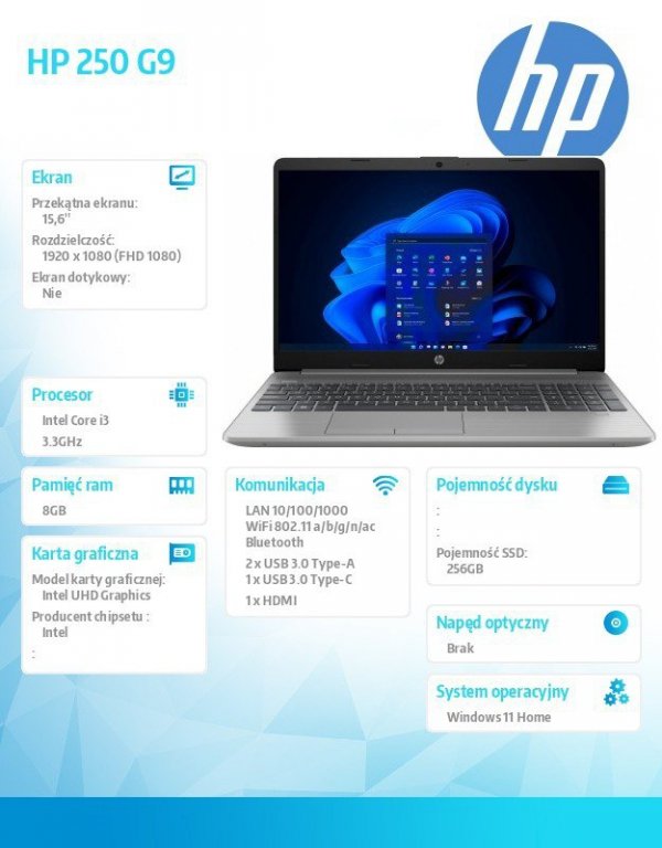 HP Inc. Notebook 250 G9 i3-1215U 256GB/8GB/W11H/15,6 cala 9V1E6AT