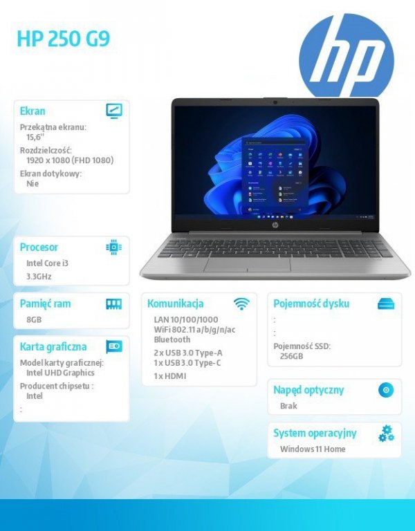 HP Inc. Notebook 250 G9 i3-1215U 256GB/8GB/W11H/15,6 cala 9M3N5AT
