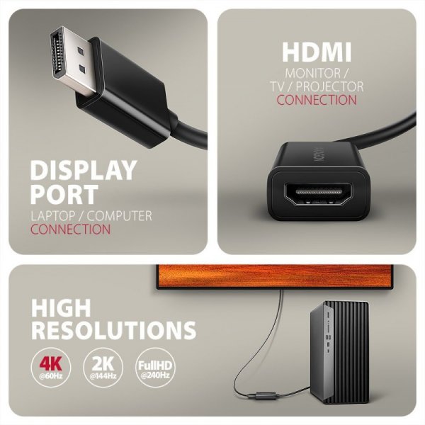 AXAGON RVD-HI20N Adapter aktywny DisplayPort -&gt; HDMI 1.4, 4K/60Hz, kabel 15cm