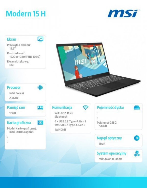 MSI Notebook Modern 15 H C13M-201PL Windows11Home/i7-13620H/16GB/512SSD/IntUHD/15.6 cala