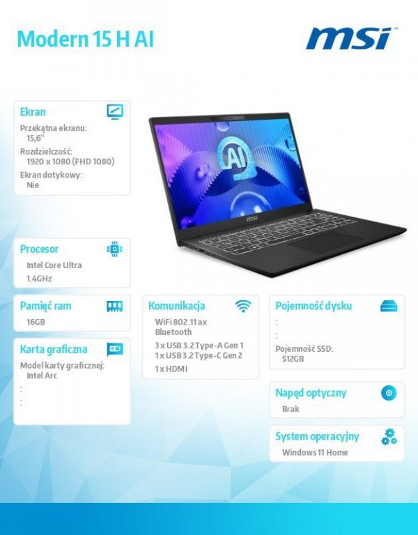 MSI Notebook Modern 15 H AI C1MOG-209PL Windows11Home/Ultra7/16GB/512SSD/Int.Arc/15.6 cala