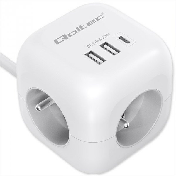 Qoltec Kostka zasilająca przedłużacz 6w1 z podświetlanym włącznikiem |  3x AC | 2x USB | 1x USB-C PD 20W | biała | kabel 2m
