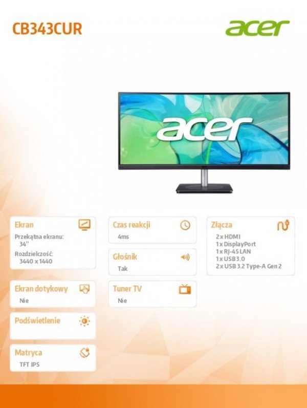 Acer Monitor 34 cale CB343CURBEMIIP HUZX WQHD/IPS/21:9