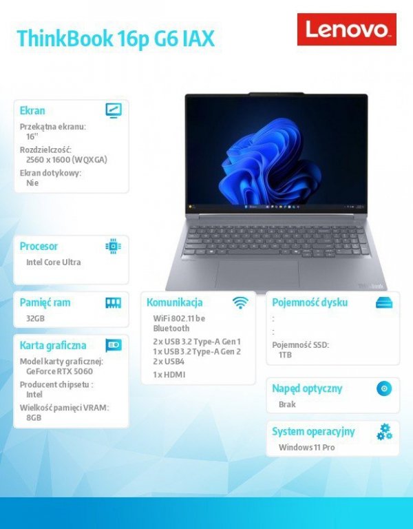 Lenovo Notebook ThinkBook 16p G6 21R0001SPB W11Pro Ultra 7 255HX/2x16GB/1TB/RTX 5060 8GB/16.0 WUXGA/Luna Grey/1YR Premier WHB + 