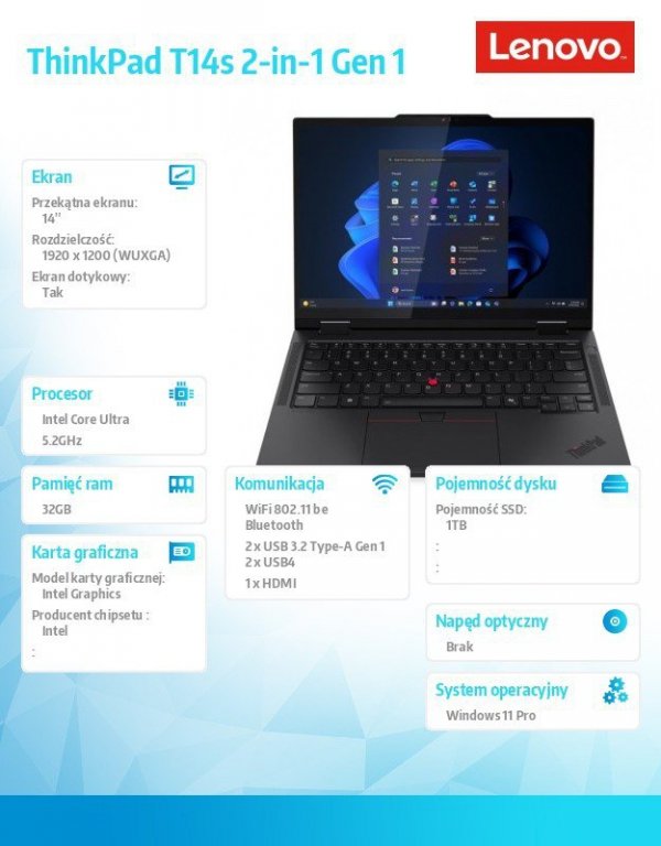 Lenovo Ultrabook ThinkPad T14s 2in1 G1 21R30041PB W11Pro ULT7 255U/32GB/1TB/INT/14.0 WUXGA/Touch/Black/3YRS Premier Support + CO