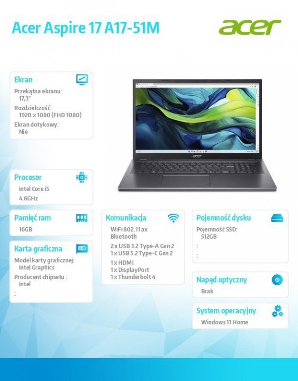 Acer Notebook Aspire 17 A17-51M-53RY WIN11H/i5-1334U/16GB/512SSD/Int/17.3cala