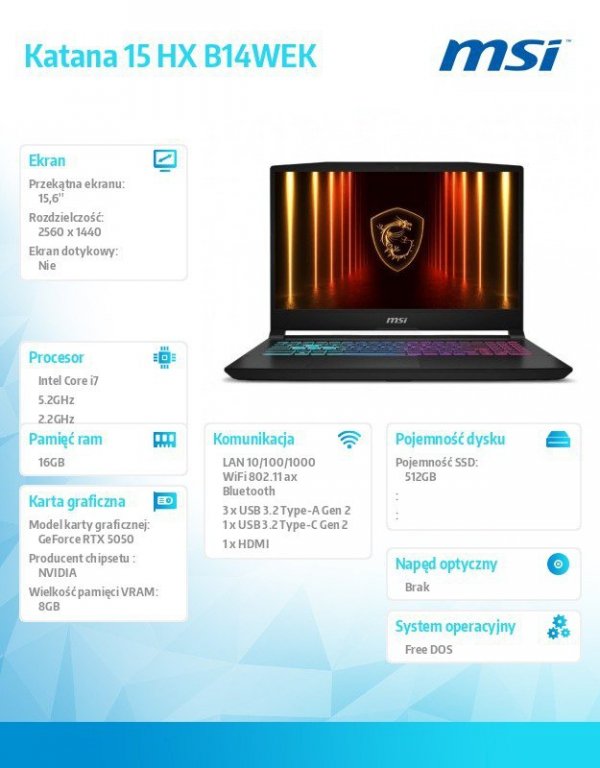 MSI Notebook Katana 15 HX B14WEK-060XPL nOS/i7-14650HX/16GB/512SSD/RTX5050/15.6 cala