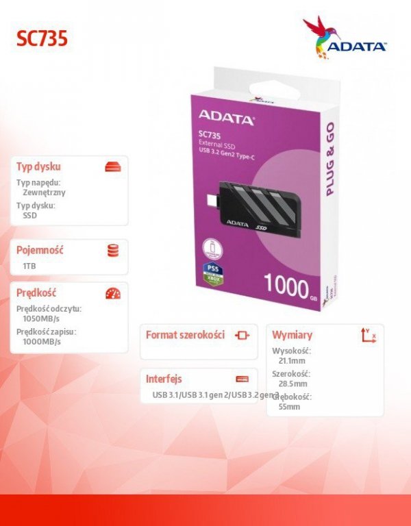 Adata Dysk SSD External SC735 1TB U3.2C 1000/1000MB/s Grey