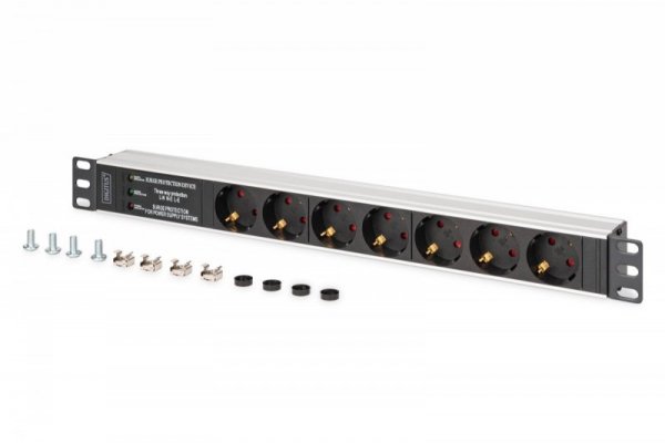 Digitus Listwa zasilająca PDU Rack 19" z zabezpieczeniem przeciwprzepięciowym + filtr EMI/RFI, 7 gniazd Schuko CEE 7/3, kab