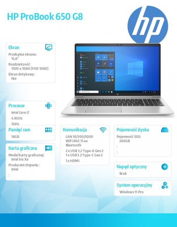HP Inc. Notebook poleasingowy ProBook 650 G8 Core i7-1185G7 (11-gen.)    3.0GHz / 16 GB / 240 GB SSD / 15.6" FullHD / WIN 11 Prof.