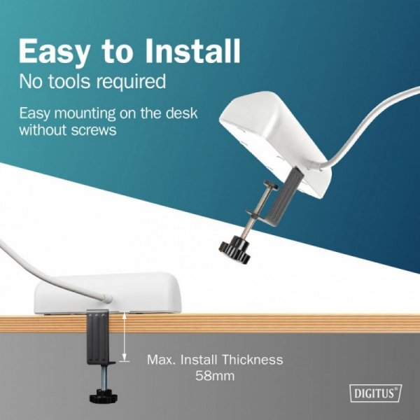 Digitus Listwa zasilająca biurkowa, 3 gniazda Schuko, 2x USB-A (2x 12W), 1x USB-C (30W) z zaciskiem na blat, kabel 1,5m, biała