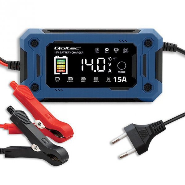 Qoltec Mikroprocesorowa ładowarka 12V 15A | Prostownik z funkcją naprawy i podtrzymania zasilania podczas wymiany akumulatora | 