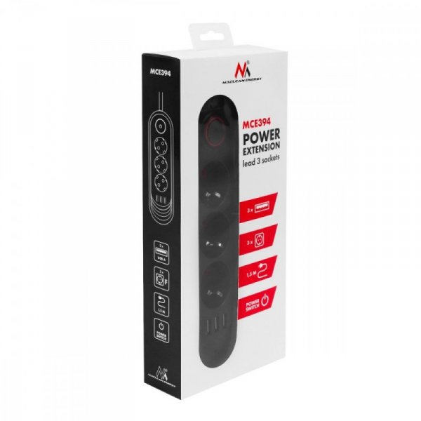 Maclean Listwa zasilająca MCE394 B, 1,5m|3 gniazda + 3xUSB. 110-240V AC 50/60Hz, 2.1A max 2500W, czarna