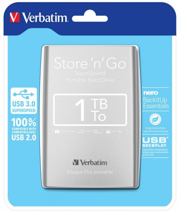 Verbatim External HD 1 TB Silver 2.5 inch, 64 mm, USB 3.0