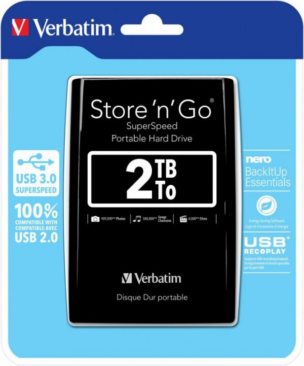 Verbatim External HD 2 TB USB Store 'n' Go, 2048 GB, 3.2  Gen 1 (3.1 Gen 1), 5400 RPM, Black