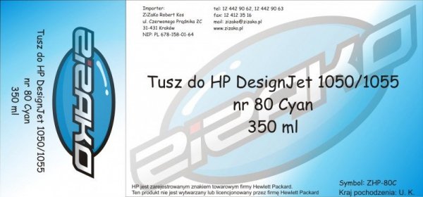 Tusz zamiennik Yvesso nr 80 do HP Designjet 1050/1055 (350 ml) Cyan C4846A