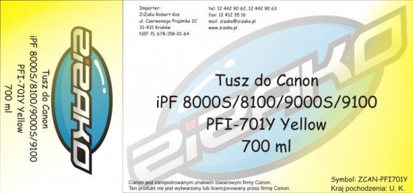 Tusz zamiennik Yvesso PFI-701Y Yellow 700ml do Canon iPF8000S iPF8100 iPF9000S iPF9100 CF0903B001AA