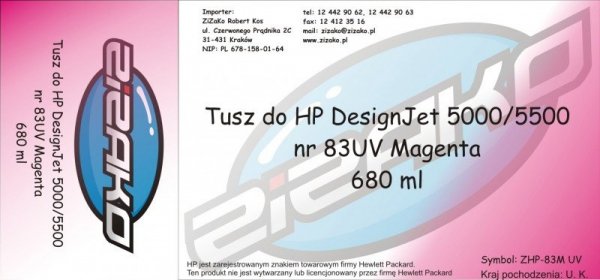 Tusz zamiennik Yvesso nr 83 UV do HP Designjet 5000/5500 680 ml Magenta C4942A