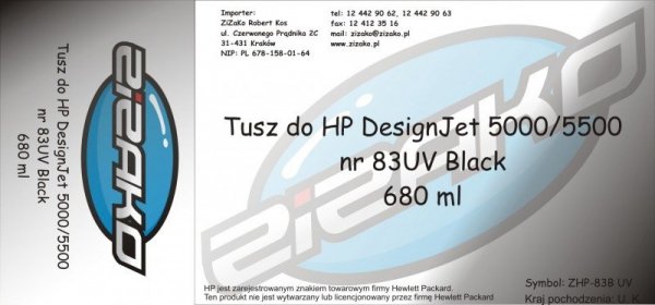 Tusz zamiennik Yvesso nr 83 UV do HP Designjet 5000/5500 680 ml UV Black C4940A