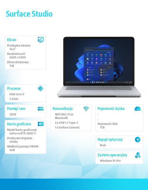 Microsoft Surface Laptop Studio Win10Pro i7-11370H^32GB^1TB^RTX3050Ti 4GB^14.4 cala Commercial Platinum ADI-00034