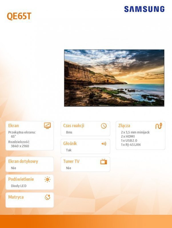 Samsung Monitor profesjonalny  QE65T 65 cali Błyszczący 16h^7 300(cd^m2) 3840x2160 (UHD) Lite Player (only)  3 lata On-Site (LH6