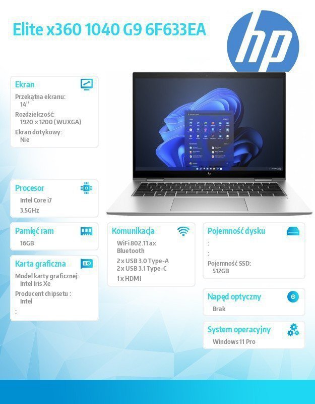 HP Inc. Notebook Elite x360 1040 14 cali G9 2-w-1 Wolf Pro SecurityEdition  W11P^14 i7-1255U^512^16  6F633EA