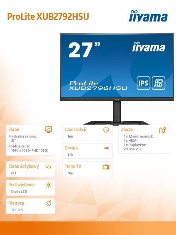 IIYAMA Monitor 27 cali XUB2796HSU-B5 IPS,1ms,HDMI,DP,FreeSync,HAS(150mm)