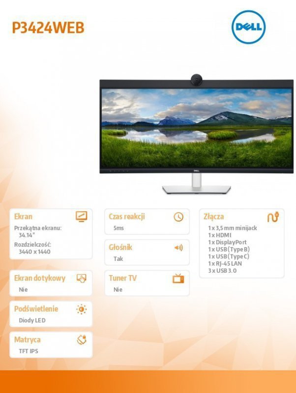 Dell Monitor P3424WEB 34 cale IPS Zakrzywiony WQHD (3440x1440)^21:9^HDMI^DP^USB-C^RJ-45^Kamera^Głośniki^Mikrofon^3Y