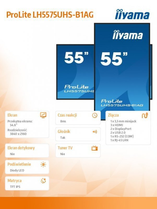 IIYAMA Monitor 54.6 cali ProLite LH5575UHS-B1AG 24^7,IPS,ANDROID.11,4K,500cd^m2,WiFi,3xHDMI,DP,Daisy^Chain,2xUSB,2x10W,RJ45,iiSi