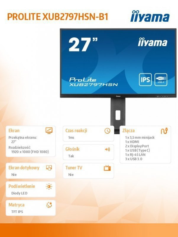 IIYAMA Monitor 27 cali XUB2797HSN-B1 IPS,FHD,USB-C Dock,HAS ^5y^