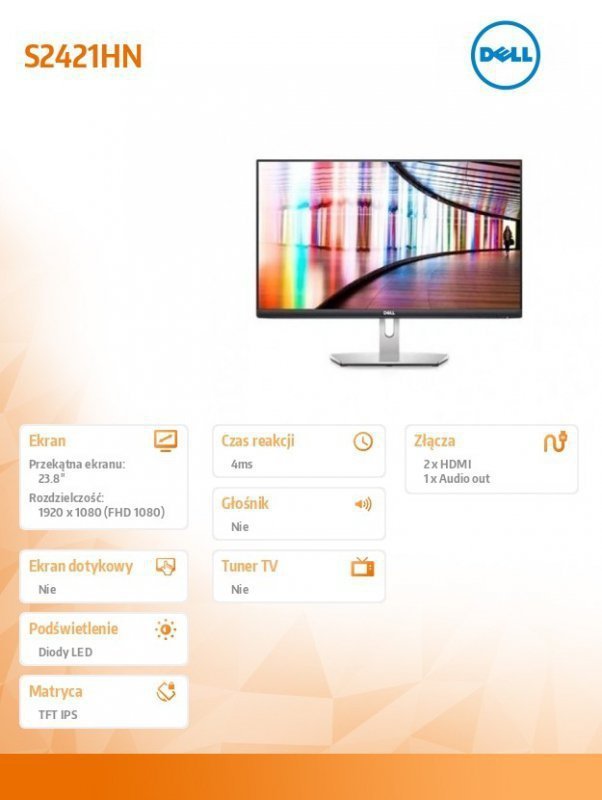 Dell Monitor S2421HN 23,8 cali IPS LED Full HD (1920x1080) ^16:9^2xHDMI^3Y PPG