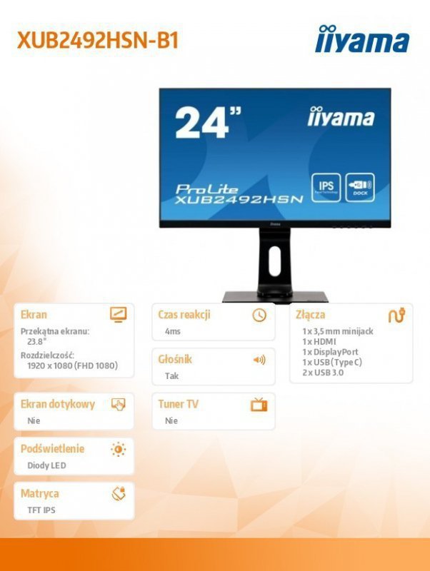 IIYAMA Monitor 23.8 cali XUB2492HSN-B1 IPS,FHD, USB-C, DaisyChain, DP, HDMI,USB 3.0