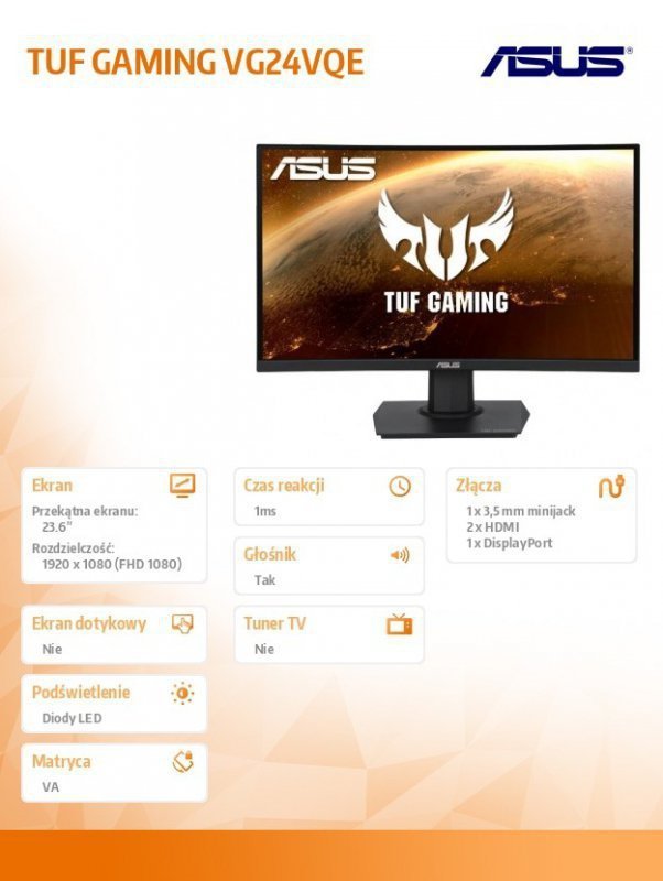 Asus Monitor 23.6 cala VG24VQE TUF GAMING 1500R Curved 165Hz DP HDMIx2 FHD 120Hz PS5 & Xbox Series X^S
