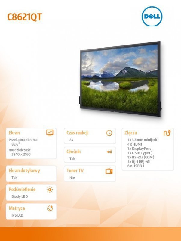 Dell Monitor C8621QT 85.6 cali Touch LED UHD^16:9^4HDMI^DP^USB^3Y