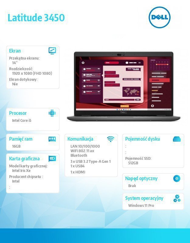 Dell Laptop Latitude 3450 Win11Pro i5-1345U^16GB^512GB SSD Gen4^14.0 FHD^Integrated^FgrPr^FHD^IR Cam^Mic^WLAN + BT^Backlit Kb^3
