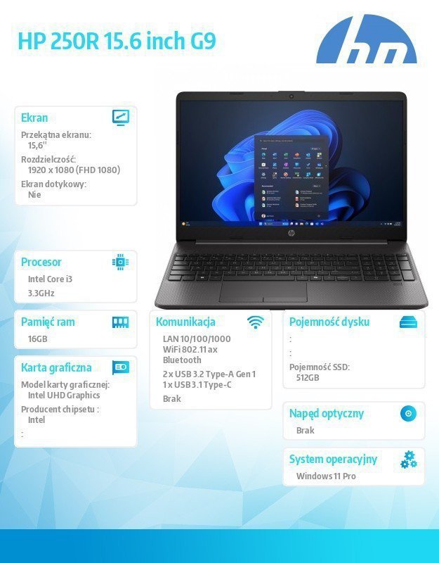 HP Inc. Notebook 250R G9 i3-1315U 512GB^16GB^W11P^15,6 cali AD1A7ET