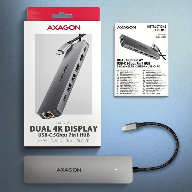 AXAGON HMC-7HX2 Wieloportovy hub USB 7in1, 5Gbps, 2x USB-A, 1x USB-C, 2x HDMI 4K^60Hz, GLAN, PD 100W, 15cm USB-C kabel