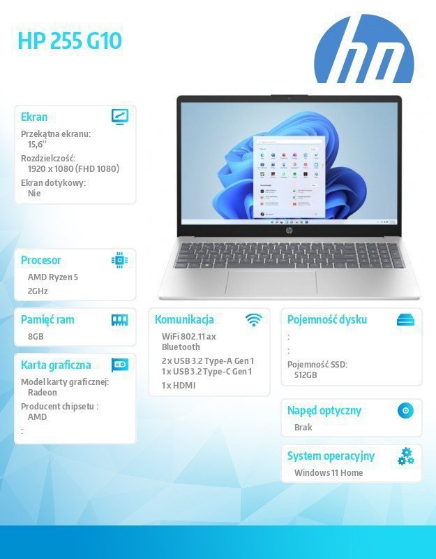 HP Inc. Notebook 255 G10 R5-7530U 512GB^8GB^15.6 cali^Win11Home B39RRAT