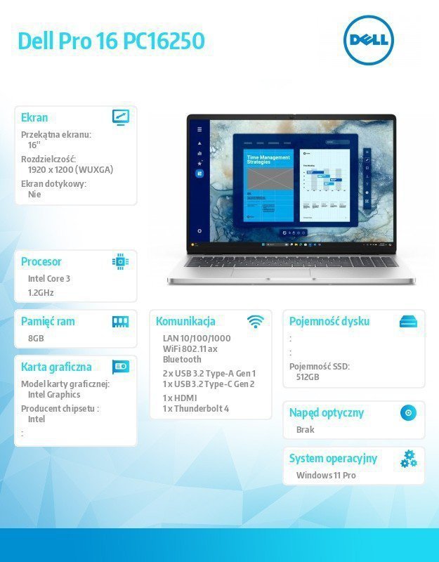 Dell Laptop Dell Pro 16 PC16250 W11P C3 100U^8GB^512GB^16.0 FHD+^Int^FgrPr^Cam&Mic^WLAN+BT^BcklKb^3C^3YPS Magnetite color, textu