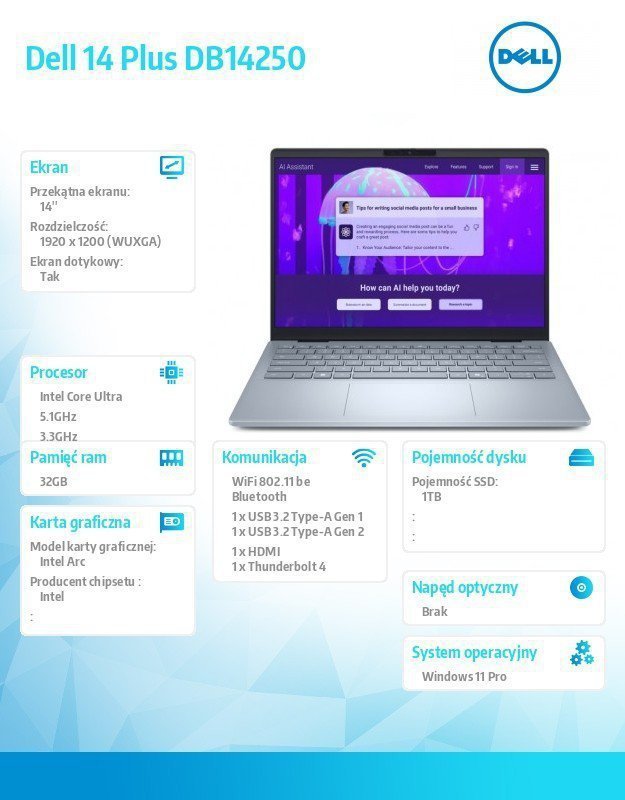 Dell Laptop 14 Plus DB14250 Win11Home Ultra 9 288V^32GB^1TB^ 14 FHD+ Touch^Arc^ FgrPr ^WLAN + BT^Backlit Kb^4 Cell^ 2Y Basic