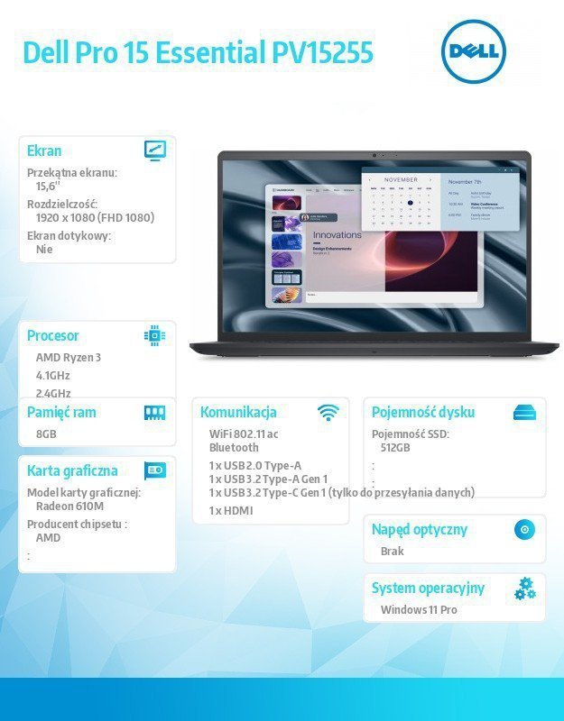 Dell Laptop Dell Pro 15 Essential PV15255 W11P R3-7320U|8GB|512GB|AMD Radeon 610M|FgrPr|WLAN+BT|15.6 FHD|BcklKb|3C|65W|3YPS Carb
