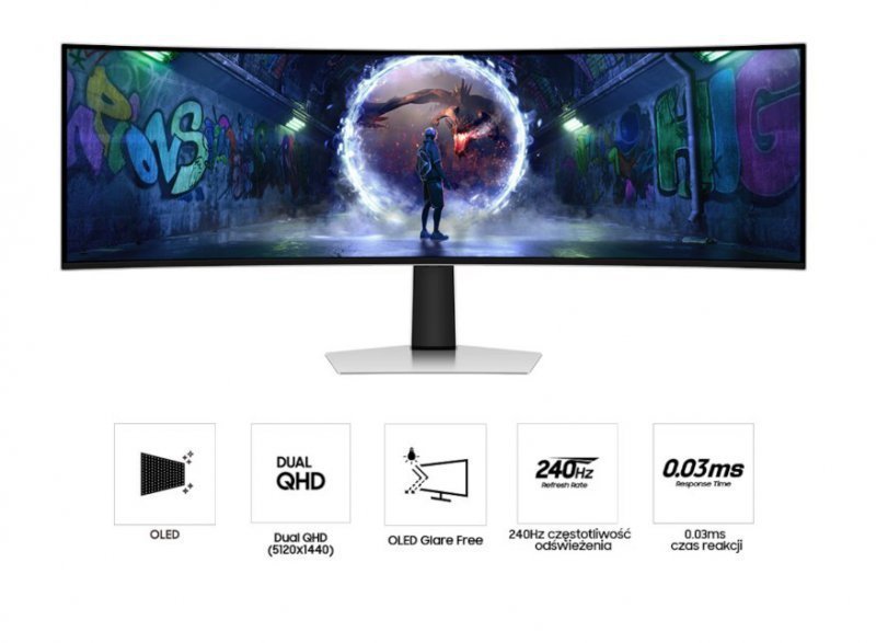 Samsung Monitor 49 cali Odyssey G9 G93SD OLED 5120x1440 DQHD 32:9 1xHDMI 1xmicroHDMI 1xDP 1xUSB-C 2xUSB 0,03ms 240Hz zakrzywiony