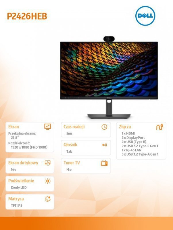 Dell Monitor P2426HEB 23.8 cala IPS FHD (1920x1080)^16:9^HDMI^2xDP^5xUSB^2xUSB-C^RJ45^Camera^Głośniki^3Y