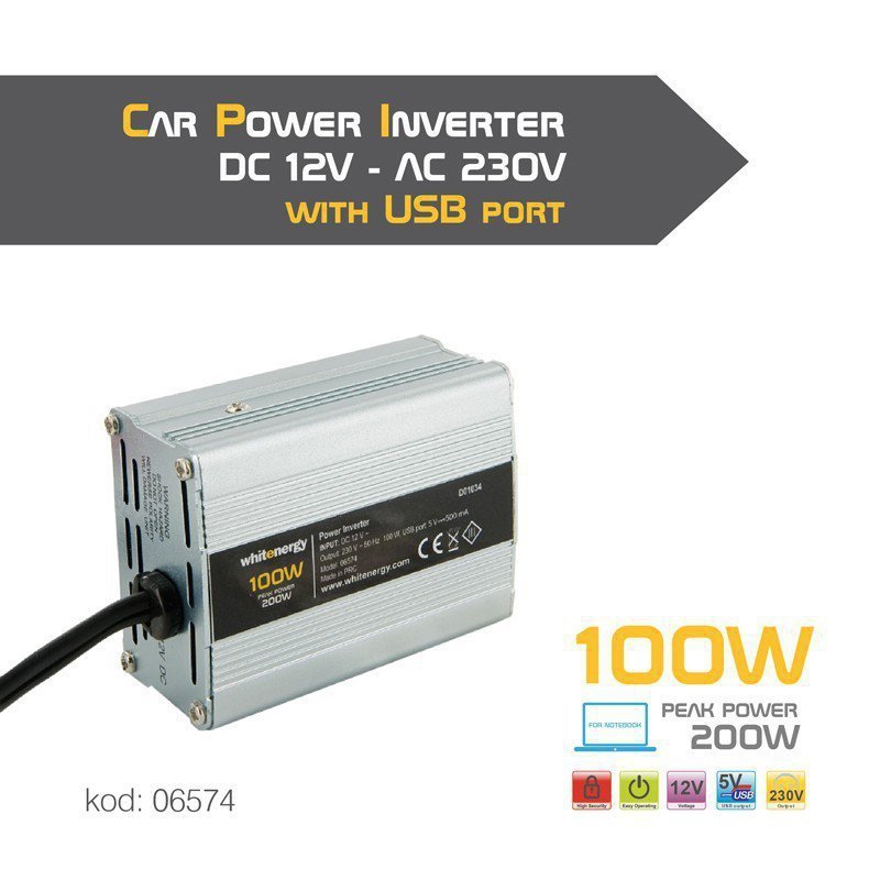 Whitenergy Przetwornica AC^DC 100W 12V^230V z USB  	06574