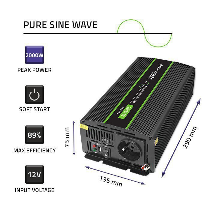 Qoltec Przetwornica napięcia Monolith | 1000W | 2000W | 12V na 230V |   Czysty Sinus