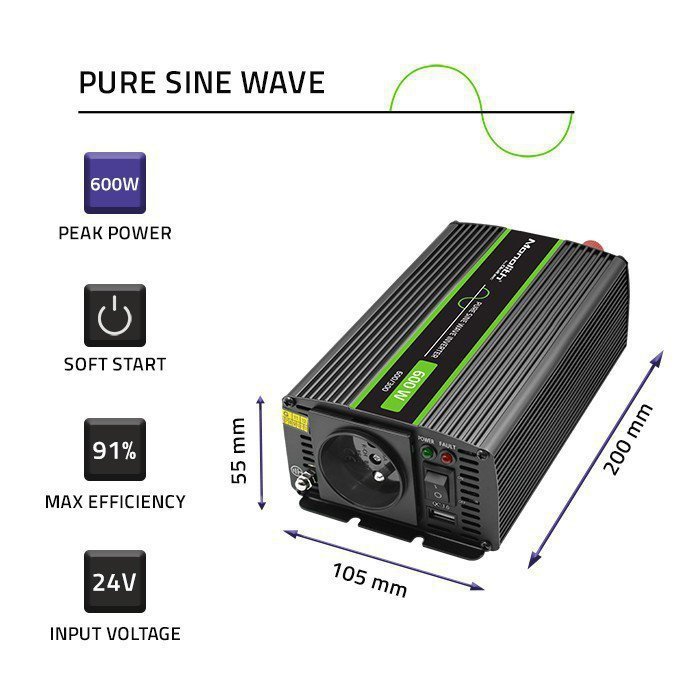 Qoltec Przetwornica napięcia Monolith | 300W | 600W | 24V na 230V |     Czysty Sinus