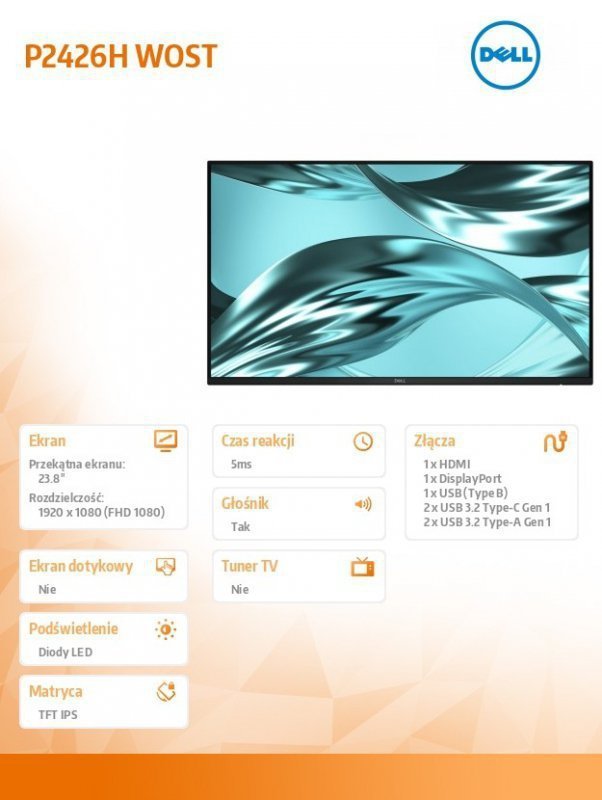 Dell Monitor P2426H WOST 23.8 cala IPS FHD (1920x1080)^16:9^HDMI^DP^3xUSB^2xUSB-C^No Stand^3Y
